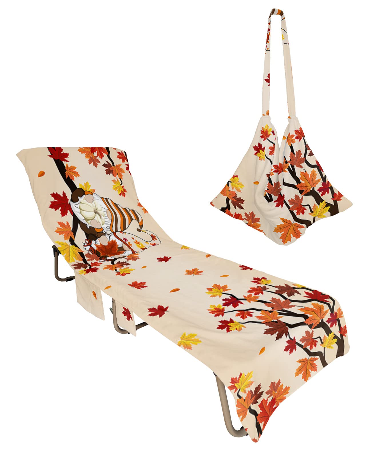 Orange Thanksgiving Beach Pool Patio Lounge Chaise Chair Cover Towel With Pockets,Absorbent&Quick Dry Microfiber Towel Cover Bag Summer Travel Accessories for Sunbathing Fall Gnomes Pumpkin Maple Tree