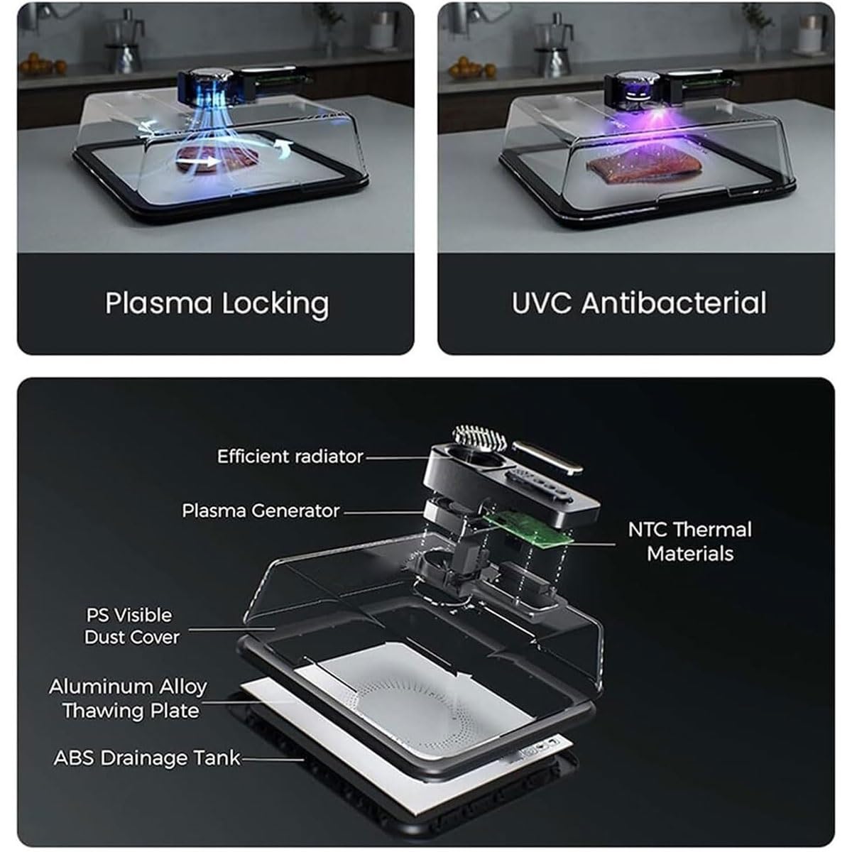Tagliere elettrico per scongelare la carne da 4,2 l, con coperchio visivo, scatola intelligente ricaricabile per scongelare la carne con tecnologia Airflow, per bistecche, pollo, pesce, gamberi e