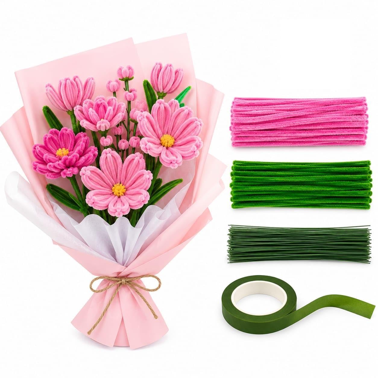 NNJ Group DIY Flower Making Kit with Pipe Cleaners | 100 Pink Pipe Cleaners, 100 Green Pipe Cleaners, 40 Green Flower Sticks-image-23