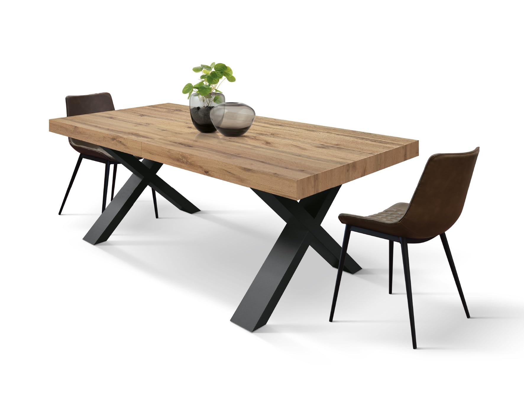 PAZZO DESIGN Table extensible Marco, table salon, cuisine, pieds croisés x noirs, fabriquée en Italie, chêne rustique, 180 x 90 x 76 cm - id_1998