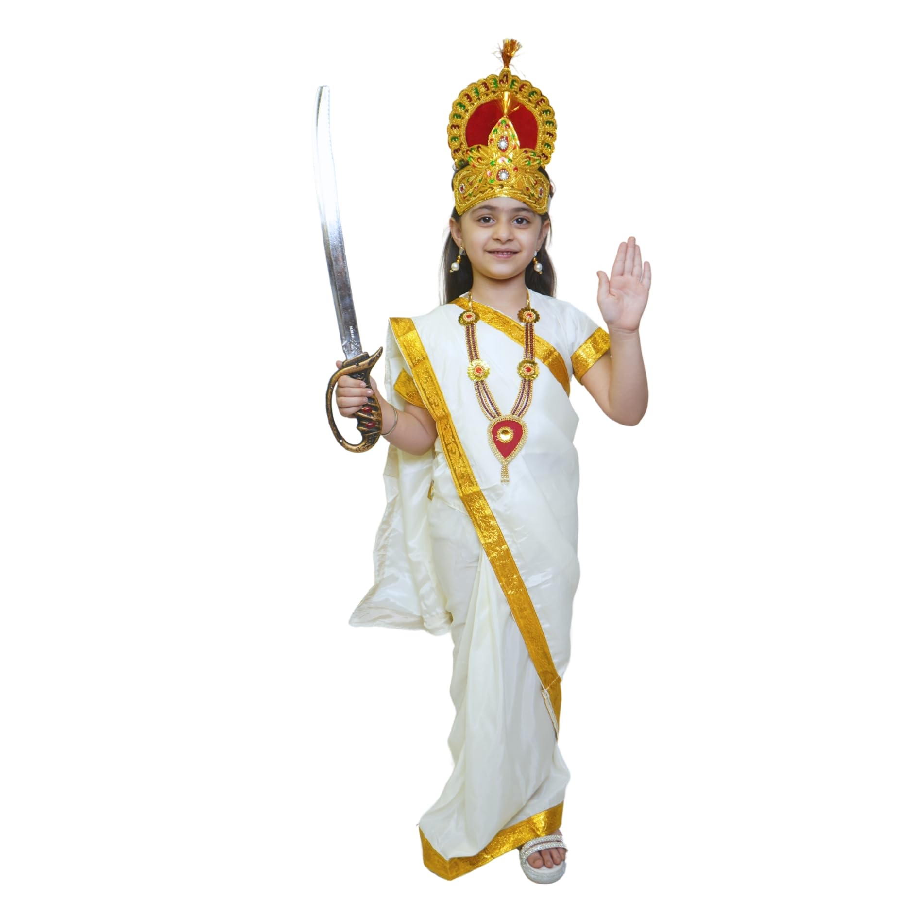 Kaku Fancy Dresses Devi Saree Costumes for Girls With Jewellery | Durga, Godess Saraswati, Mata Laxmi, Sita, Meera Bai Dress With Accessories | Ready to Wear Saree