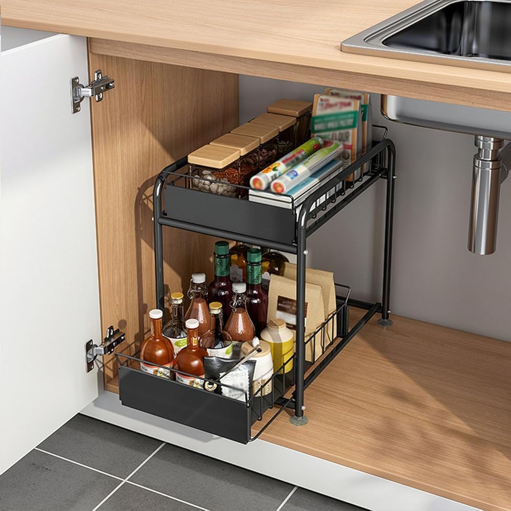 Organizador bajo fregadero con cajón deslizante de 2 niveles en metal resistente para cocina
