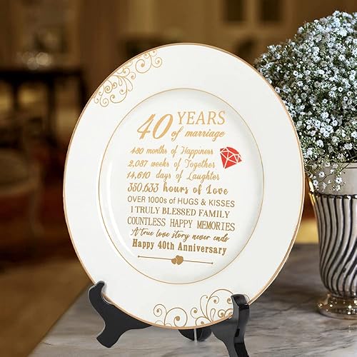 Miniatura 6 de Regalos de boda de 40 aniversario para esposa, plato de 40 aniversario con lámina de oro de 24 quilates, decoraciones de feliz aniversario de 40