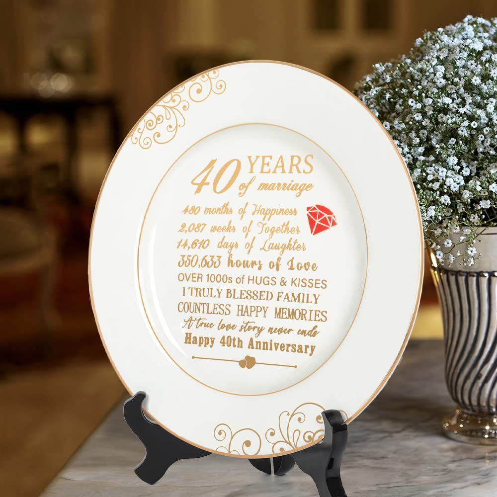 Urllinz 40th Anniversary Wedding Gifts for Wife - 40 Year Anniversaty Plate with 24k Gold Foil, Happy Decorations for Couple Parents Him Her Husband, Ceramic 9"