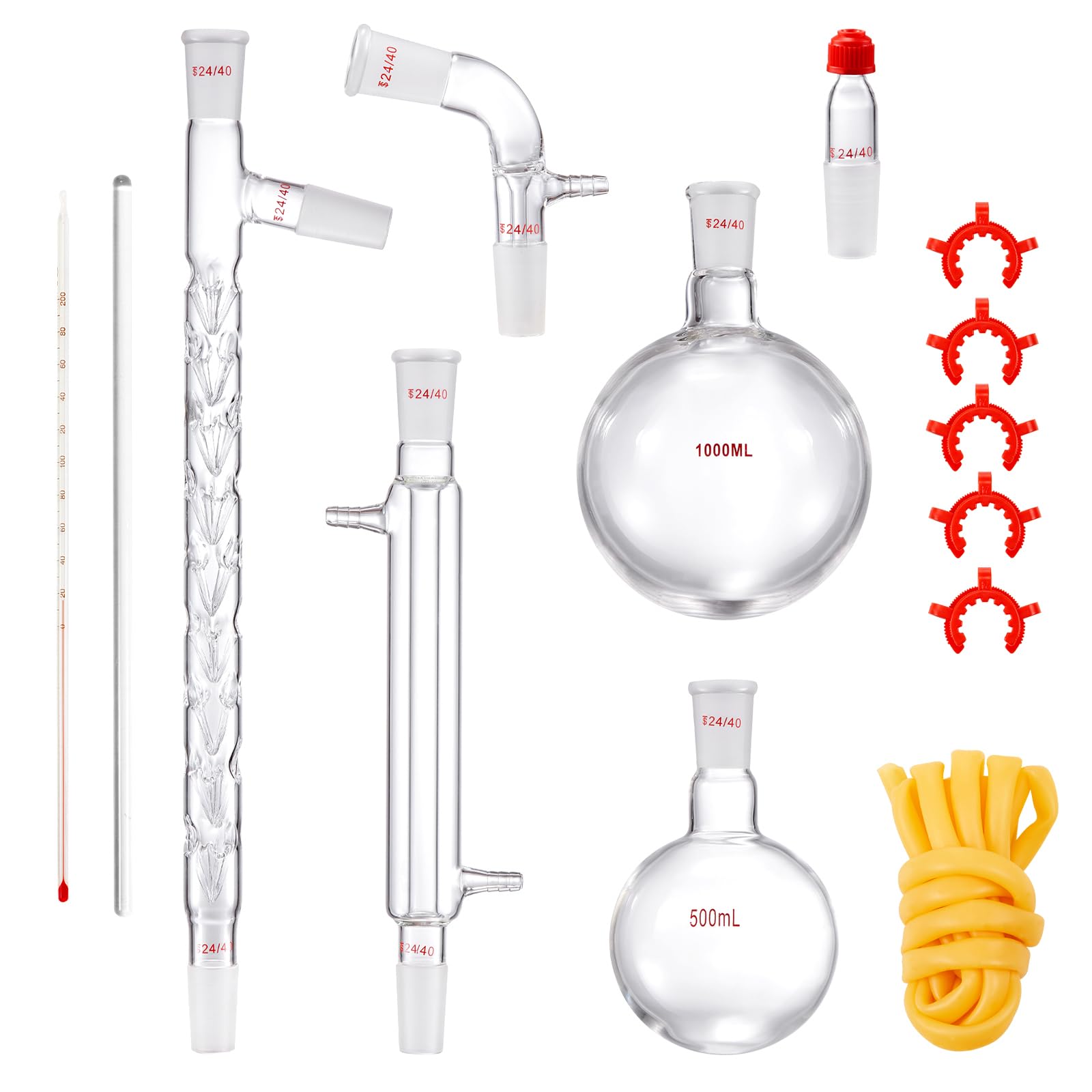 Happybuy 3.3 Boro Lab Distillation Kit, 1000ml Essential Oil Distillation Apparatus with 24/40 Joint, 14-Piece Glassware Set