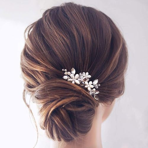 Jakawin Bride Wedding Pearl Hair Pins Flower Hair Piece Rhinestone Bridal Hair Accessories for Women HP065 (Plata)