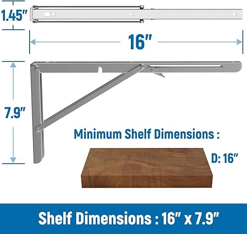 Miniatura 8 de LEOPO Soportes plegables para estantes de 12 pulgadas, soporte de estante de acero inoxidable resistente para montaje en pared, paquete de 2