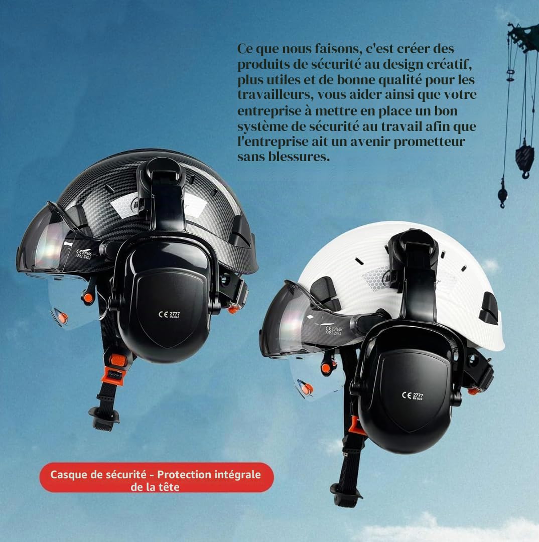 Casque de sécurité industriel en fibre de carbone avec double visière de protection pour les yeux, protège-oreilles, protection auditive, haute sécurité en ABS, casque de chantier ventilé