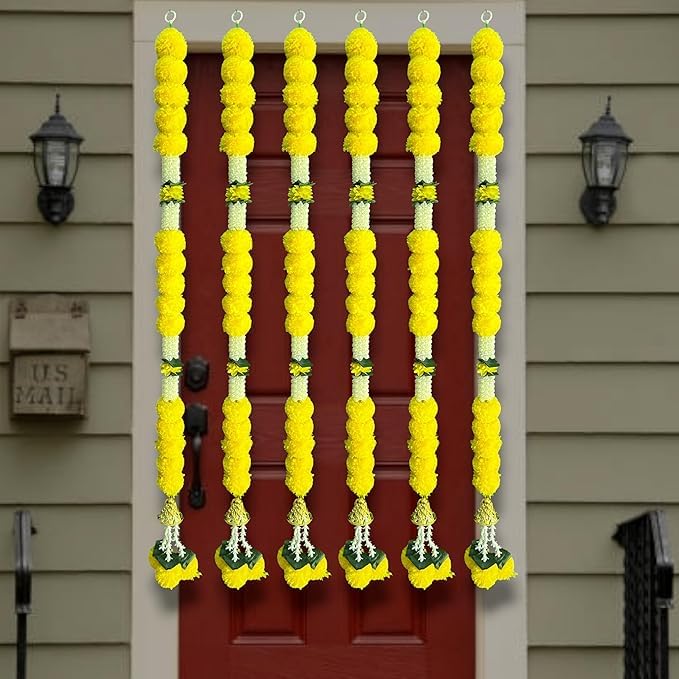 Image of iHandikart Decorative Marigold Hanging Strings, Pack of 6 Artificial Flower Garlands for Door, Home, Wedding, Diwali & Festival Decoration Size (47 Inch)