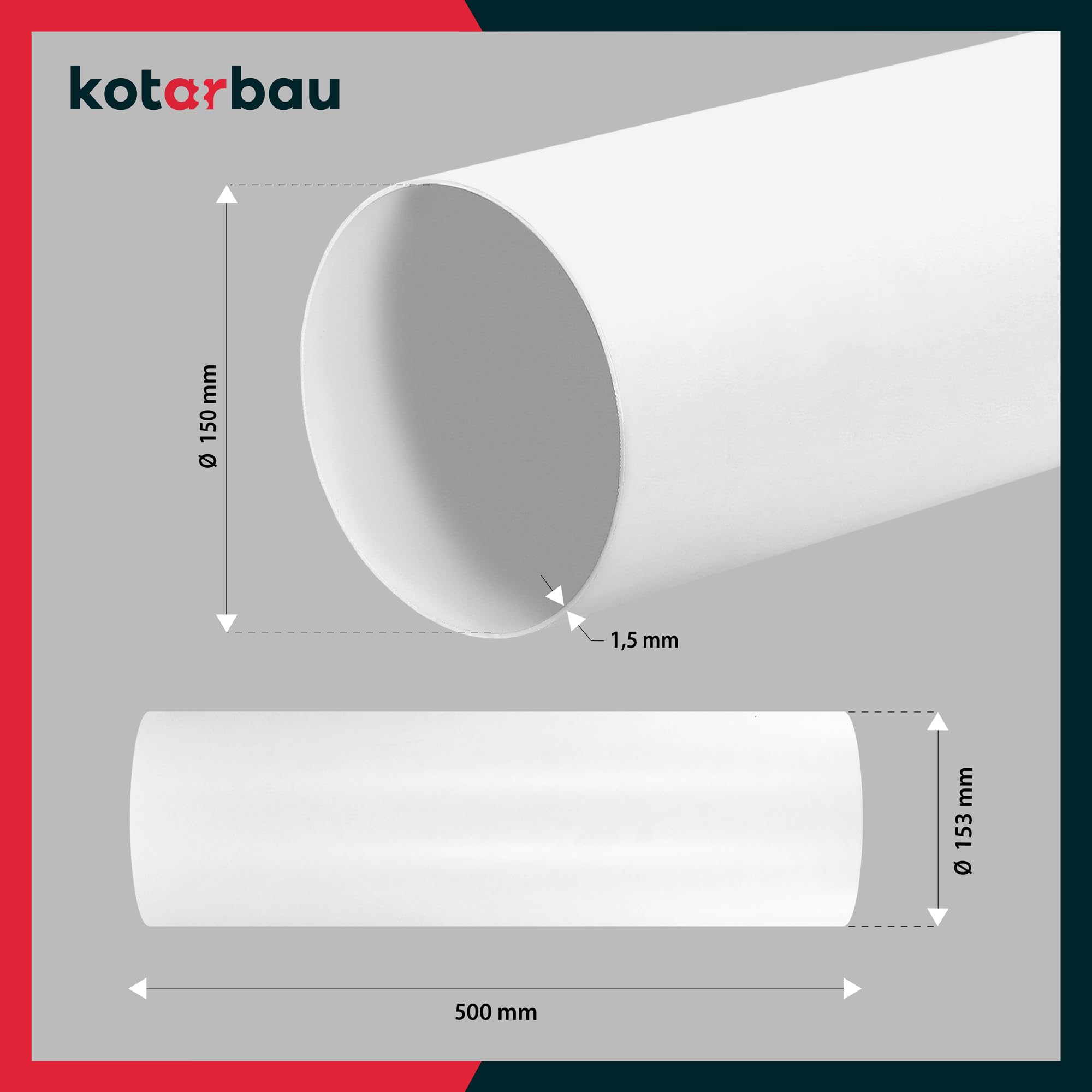 KOTARBAU® Tuyau de ventilation 500 mm - Canal rond - 150 mm - Tube rond en PVC - Blanc