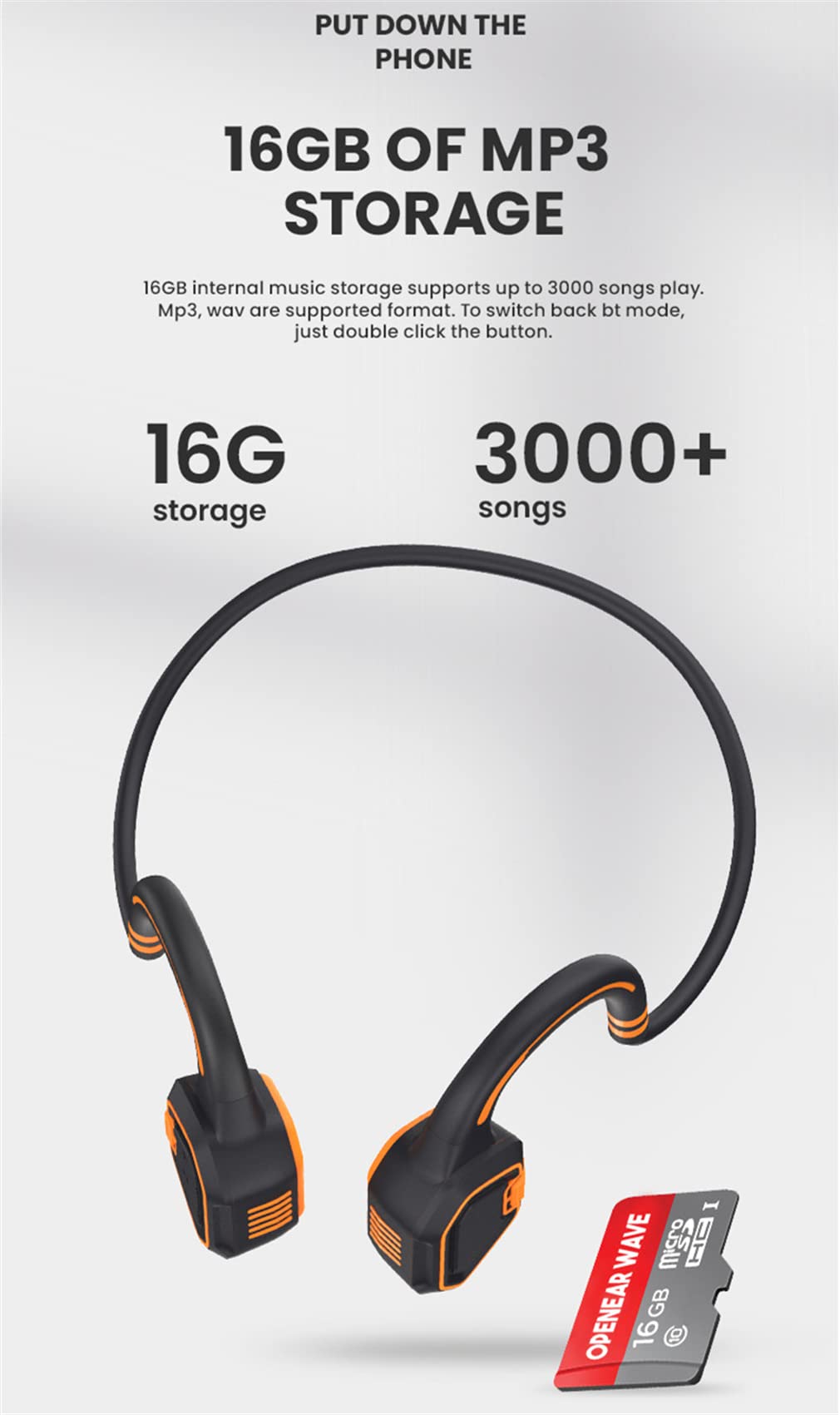 DESAV Bezprzewodowe słuchawki Bluetooth z przewodnictwem kostnym, wodoszczelne IP68, sportowe słuchawki z otwartym uchem z mikrofonem HD stereo i pamięcią 16 G, do biegania, jazdy na rowerze,