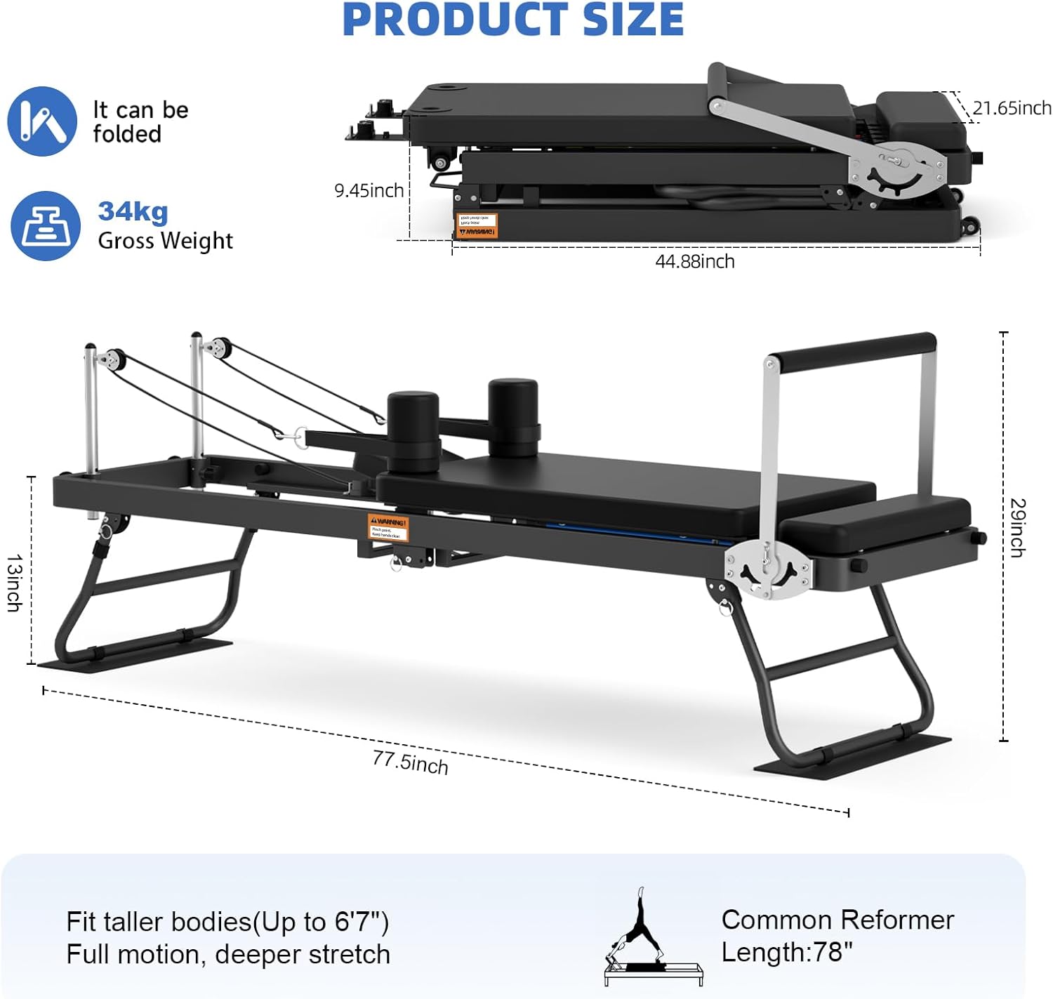Foldable Pilates Reformer for Home Use – Pilates Reformer Machine with Multi-Color Adjustable Resistance Bands, Space-Saving Reformer for Core Strength & Full Body Workout