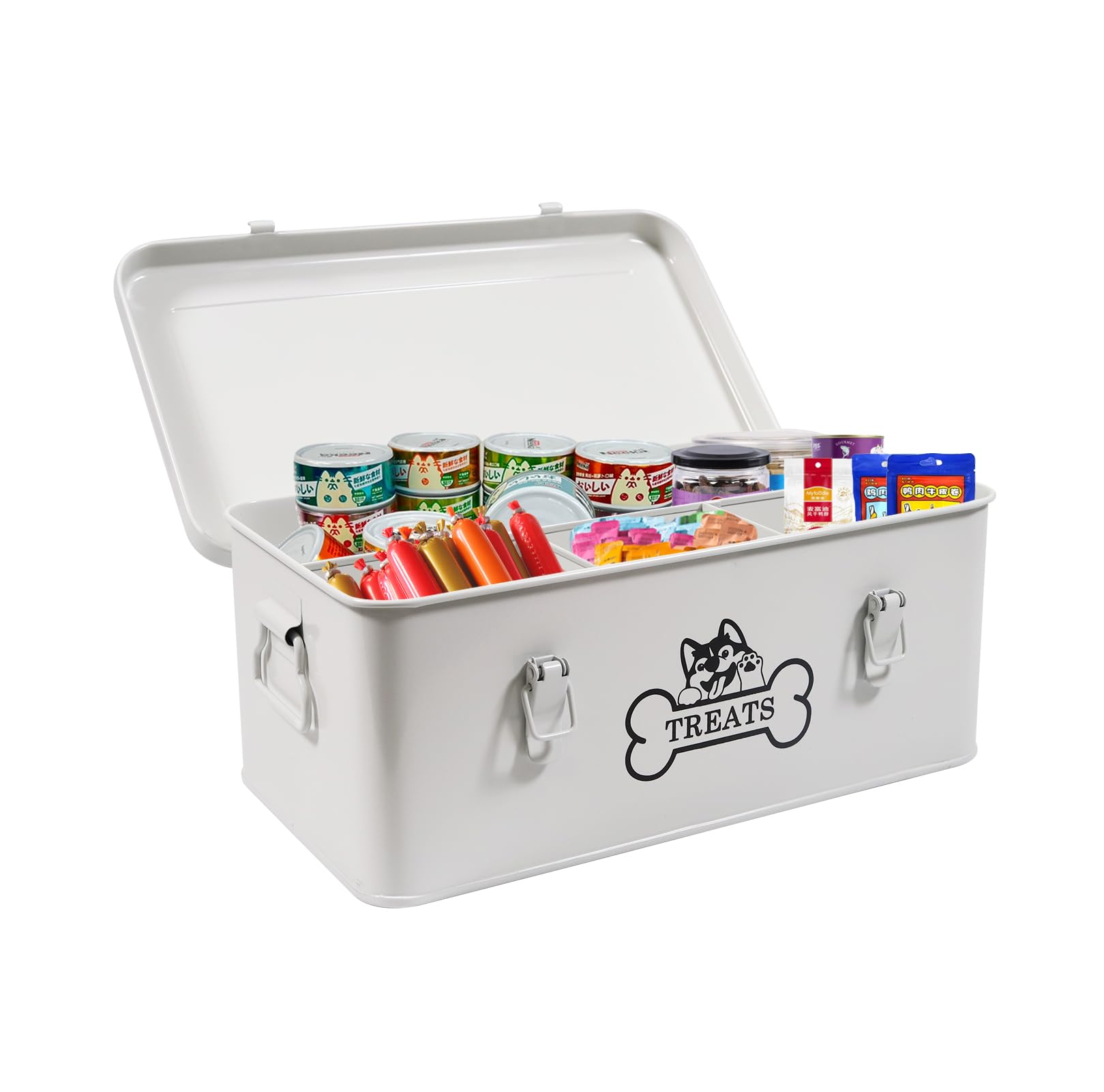 Brabtod Metal Dog Treat Container,Dog Treats Storage Box with Lid,White Pet Food Bin with Dividers,Rectangular Dog Cat Treats Organizer,Ideal for Sort