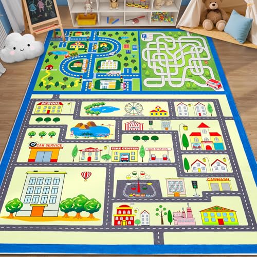 GarveeHome Washable Kids Rug 8x10 Feet Kids Carpet Play Mat Car Play Rug, City Life Traffic Road Large Children Educational & Game Area Rug for Toddler Boys Girls Bedroom Playroom Classroom Nursery