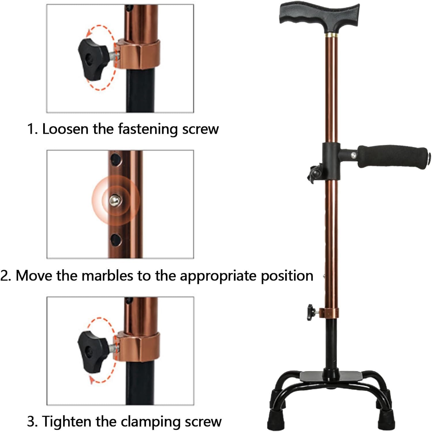 TsoLay Muletas De Cuatro Patas, Bastón De Aluminio para Subir Escaleras con Asa Lateral Y Base De 4 Patas, 10 Alturas Ajustables 62-85cm, Capacidad De Carga 100kg, para Ancianos