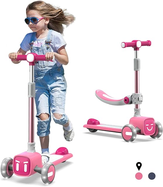 Arfmaget Kids Scooter,3 Wheel Scooter,Kick Scooter with Adjustable Height Foldable & Brake & Removable Seat & Honk & 2 Removable front covers & LED Light Up Wheels,Scooter for Kids Ages 3-14
