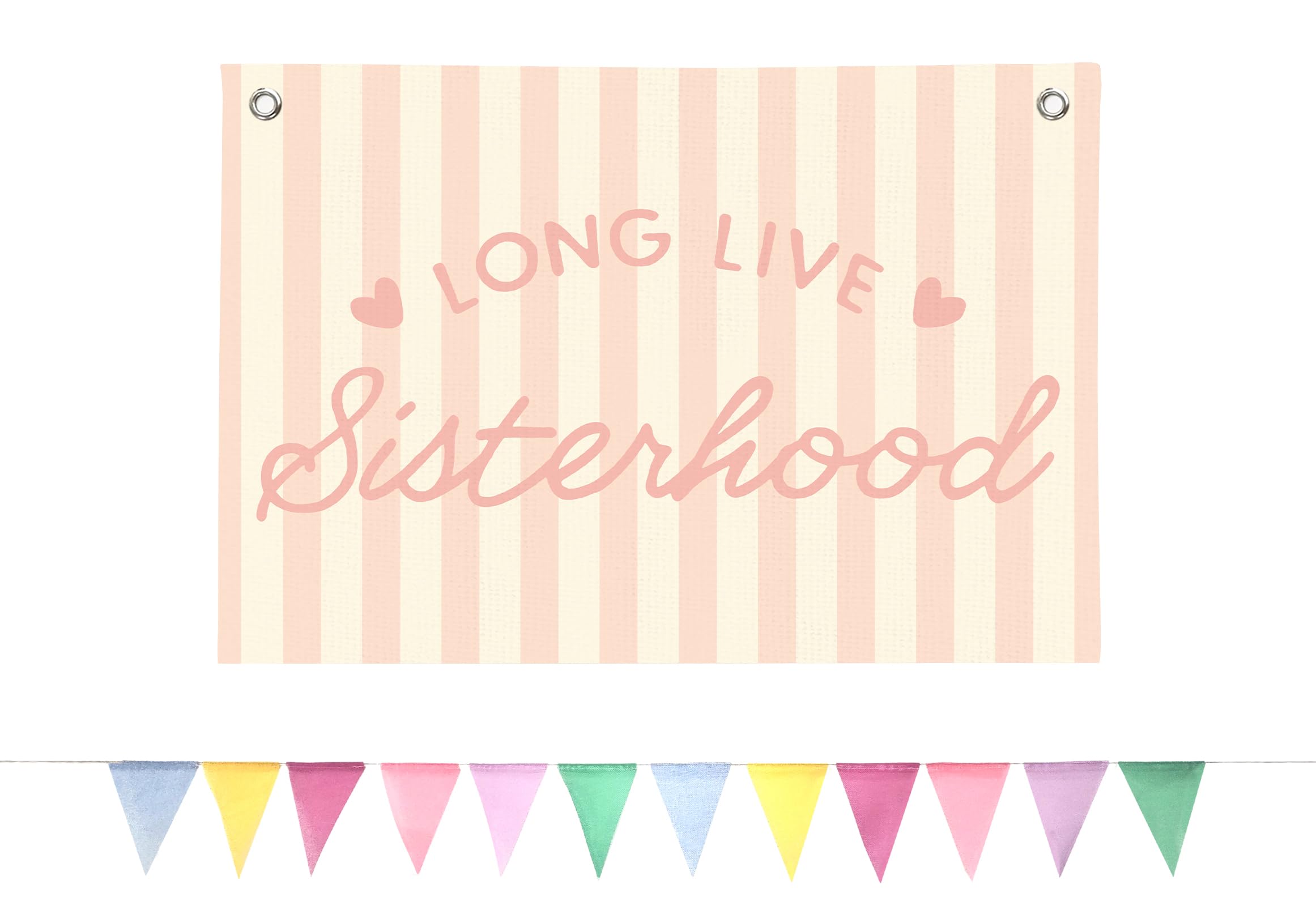 BOQTMK Preppy Long Live Sisterhood Girls Room Decor Set, Pink Striped Linen Banner Flag 30x20 Inch+Colorful Triangle Flag 4m 12Pcs, Wall Hanging Decor for Girly Nursery Toddler Playroom Bedroom Dorm