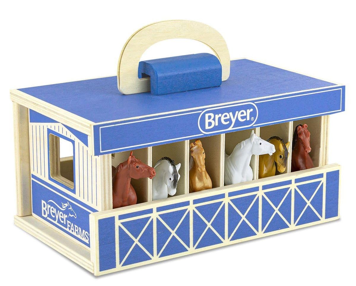 Breyer Horses Farms Wooden Stable Playset with 6 Horses | 6 Piece | 6 Stablemates Horses Included | 6” H x 9” L x 2.5” D | 1:32 Scale | Model #59217, Multi