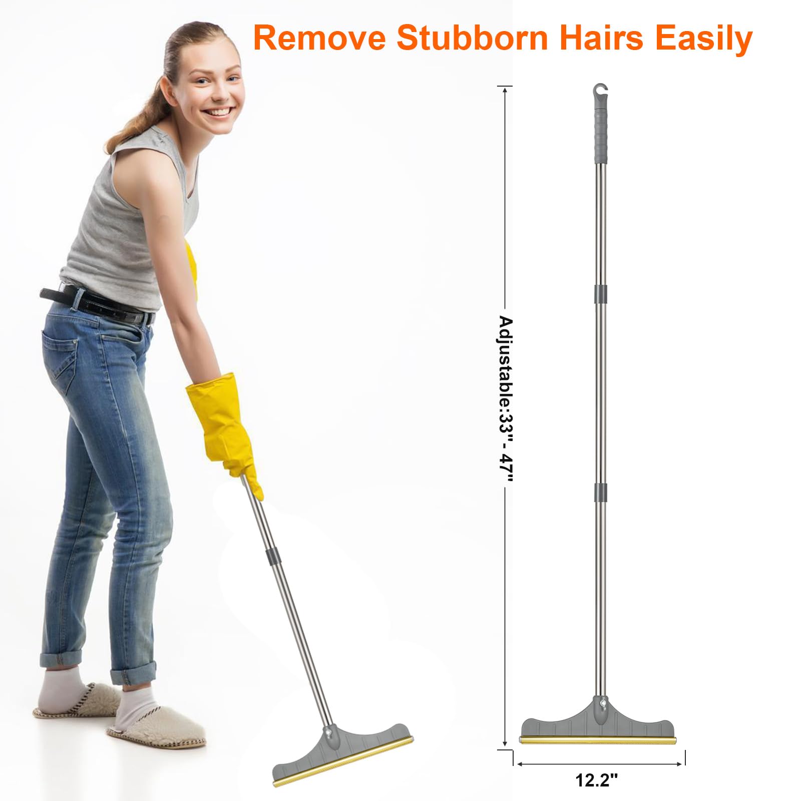 LYDZJ Stainless Steel Carpet Rake for Pet Hair Removal, Reusable Cat Dog Hair Remover with 47’’ Adjustable Long Handle Advanced Lint Remover Scraper for Carpets, Rugs, Mats, Furniture (Grey)