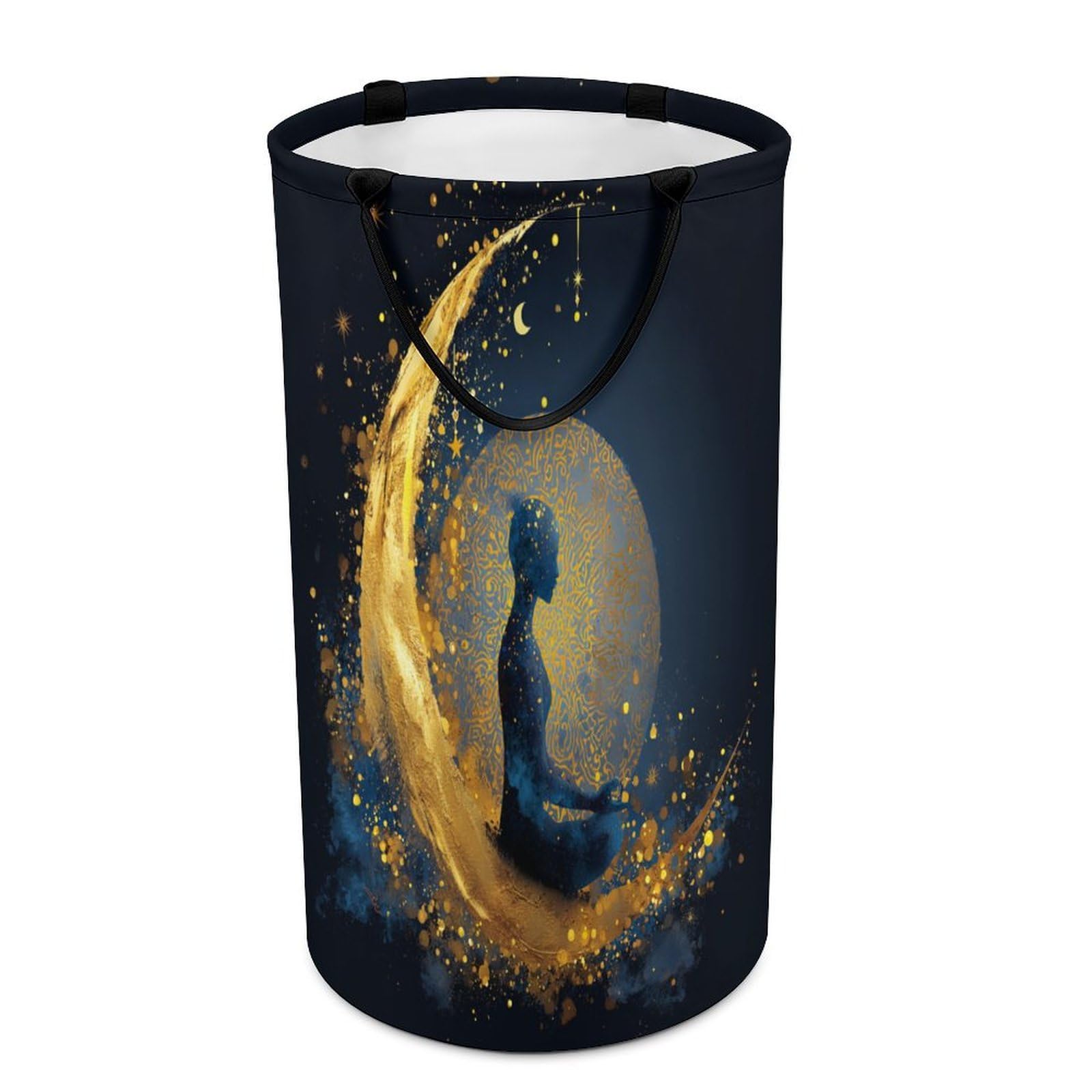 LUYYSKY Modern Exotic India Yoga Versatile Storage Laundry Basket, Rustic Abstract Full Moon Starry Sky Galaxy Yoga Blue Gold Pattern Large Bathroom Laundry Hamper With Handle-40 CM Dia, 69 CM High