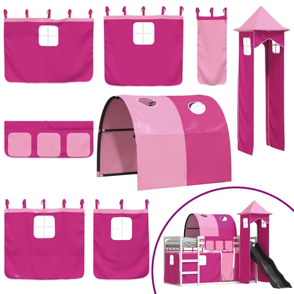 Letto a castello con scivolo e tende, rosa, 90 x 200 cm | Legno di pino massiccio, ringhiere di sicurezza su 4 lati, scala inclusa, base a doghe