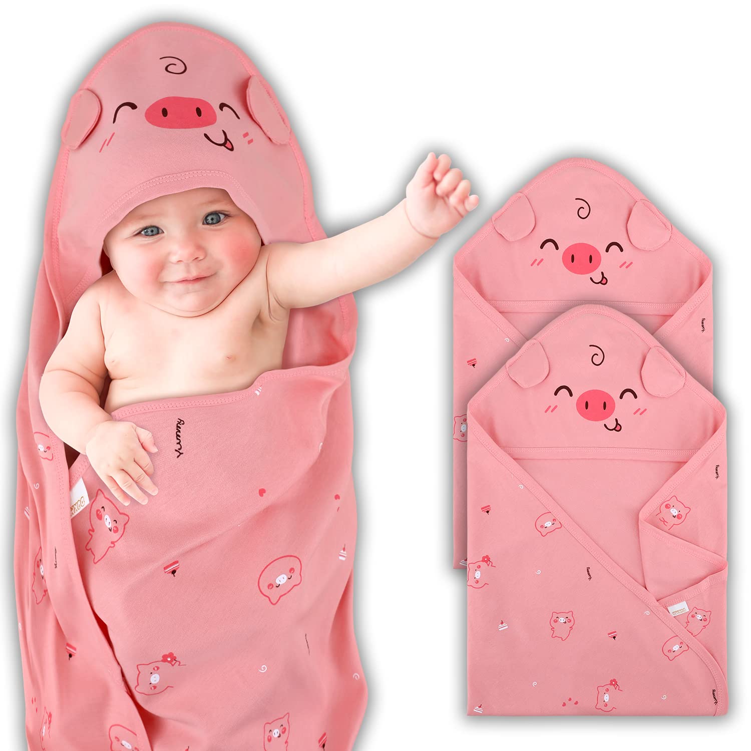 DOKMAPink Hooded Baby Towels Set 2, 100 % Organic Cotton, Ultra Soft and Absorbent Bath Towels for Baby, Toddler, Infant - Perfect for Baby Shower