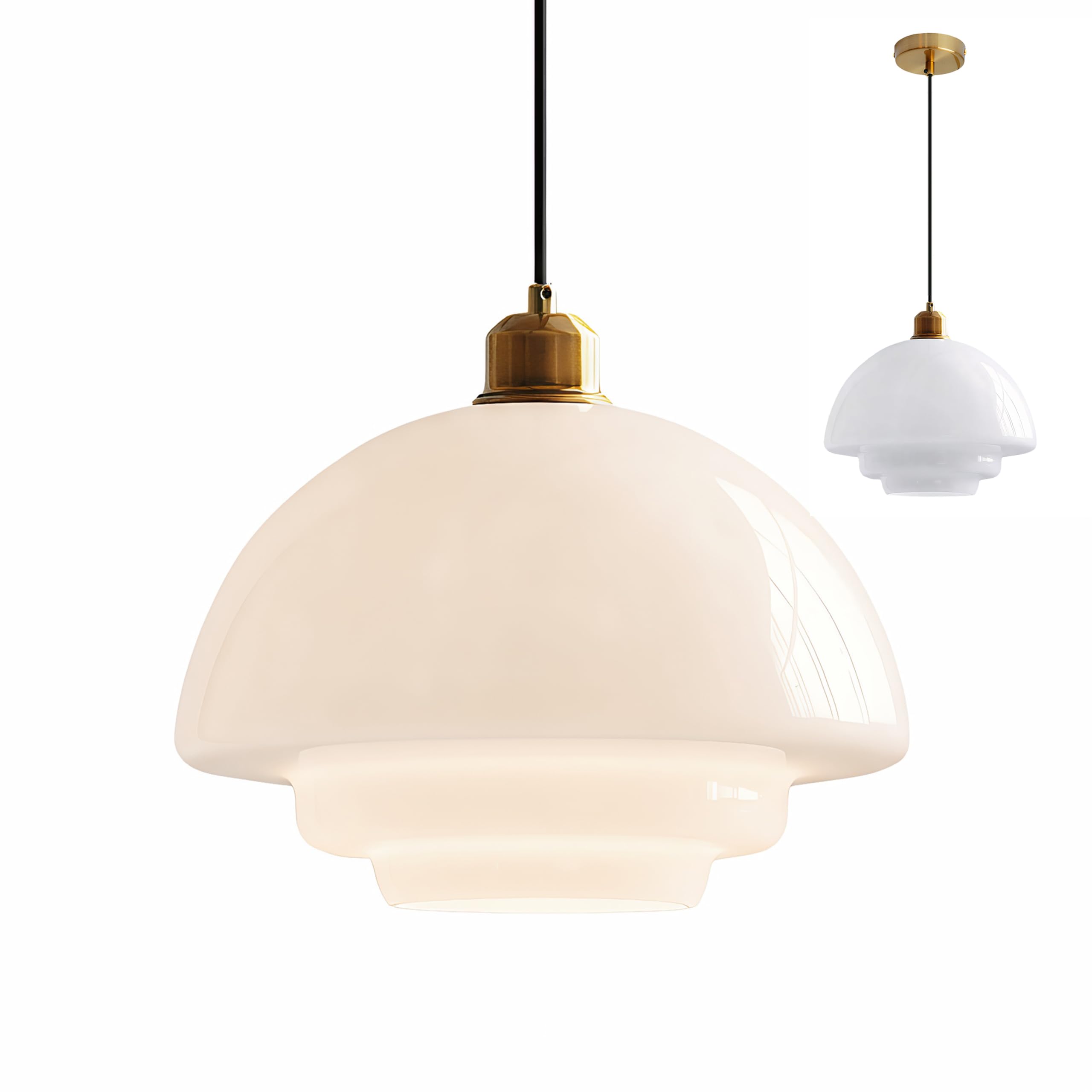Mid-Century lampa wisząca z mlecznego szkła ze złotym metalowym uchwytem, lampa wisząca w stylu vintage, E27, na wyspę kuchenną, do jadalni, salonu (biała, B)