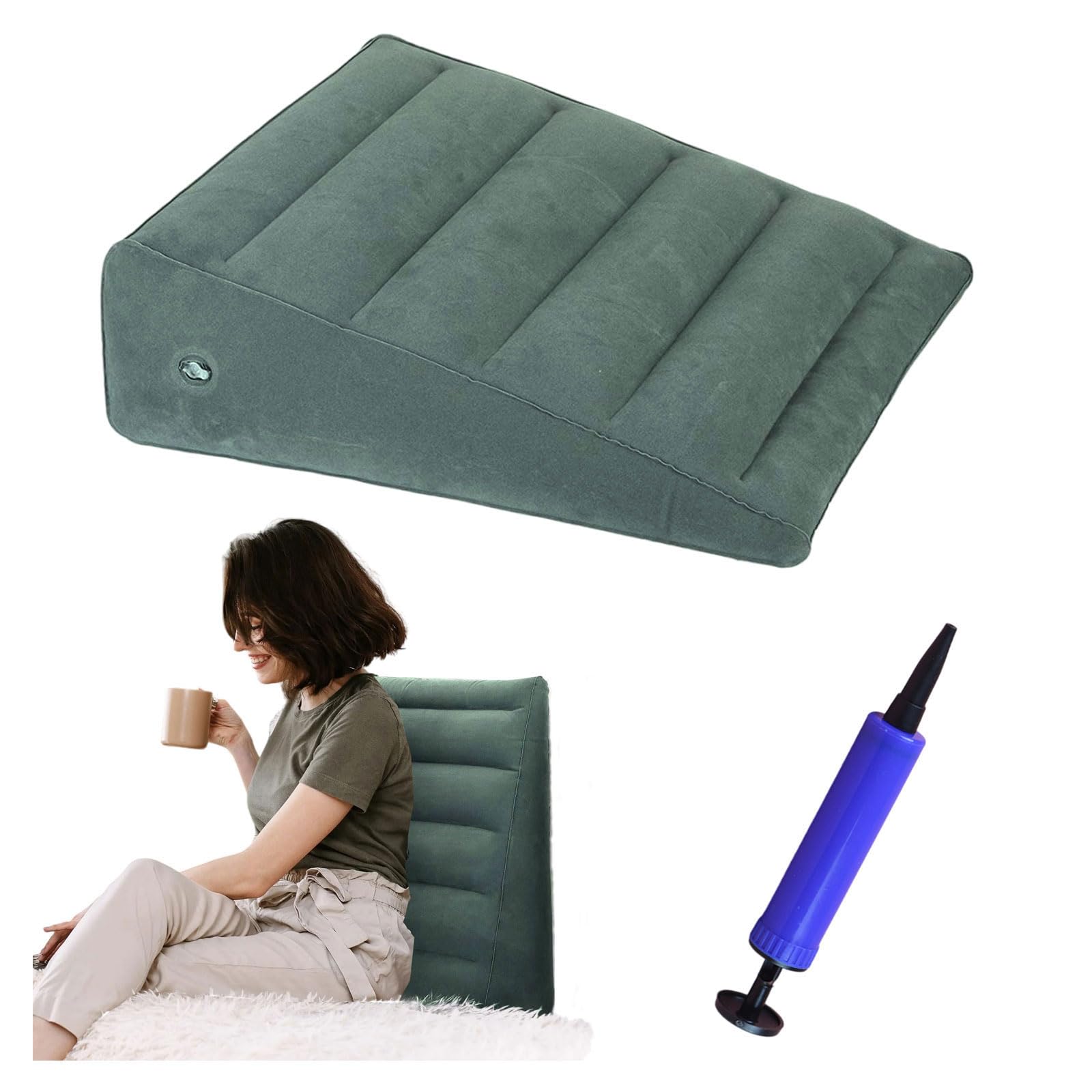 ZHYUAN Inflatable Triangle Cushion, Flocked Inflatable Cushion, Wedge Cushion, Inflatable Cushion, Wedge Pillow, Reflux Pillow Against Snoring, Comfortable Sleep, Travel, Pain Relief (Deep Green)