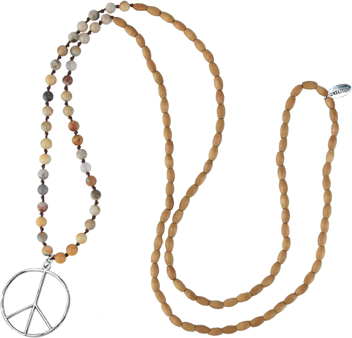 KELITCH Classic Peace Sign Necklace Love Hippie Pendant Frosted Crystal Beaded Necklace