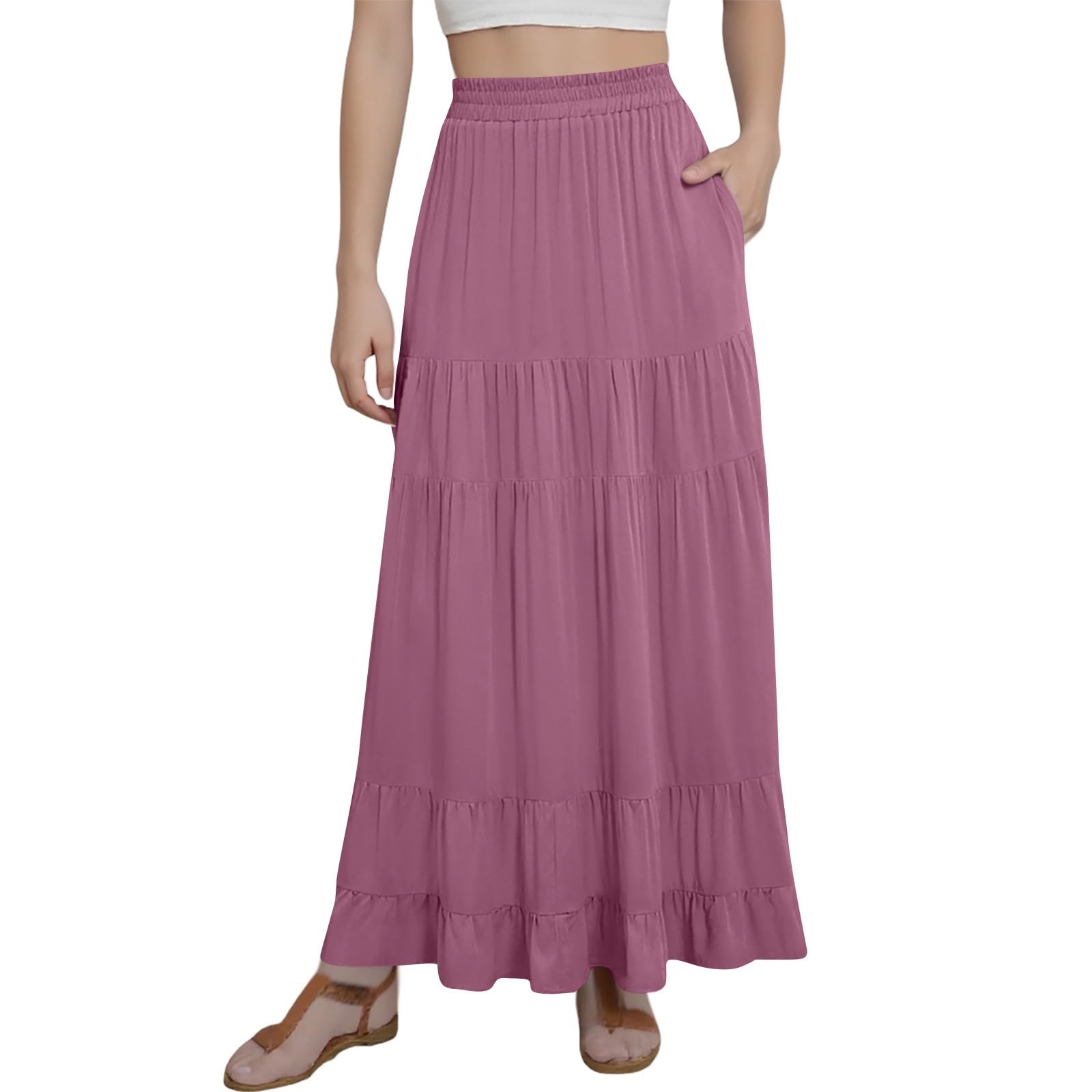 Summer Maxi Skirts for Women 2025 Long Elastic High Waisted Tiered Skirt Casual Boho Pleated A Line Beach
