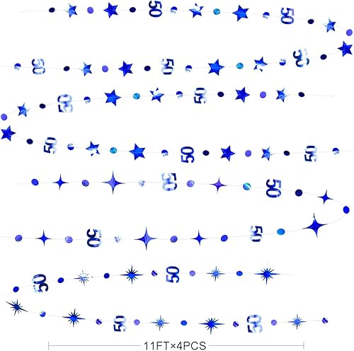 Miniatura 2 de Decoraciones de cumpleaños número 50 color azul marino con lunares circulares y estrella parpadeante guirnalda metálica para colgar banderines para