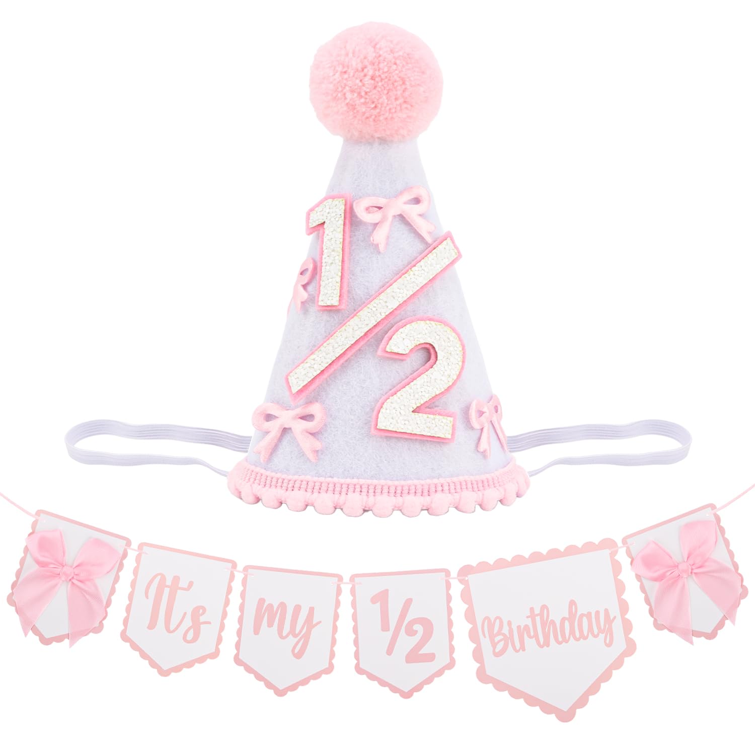 Atoden 1/2 Birthday Girl Hat Half Birthday Decorations Banner Cake Topper Balloon Princess Crown 6 Months Outfit Bow Party