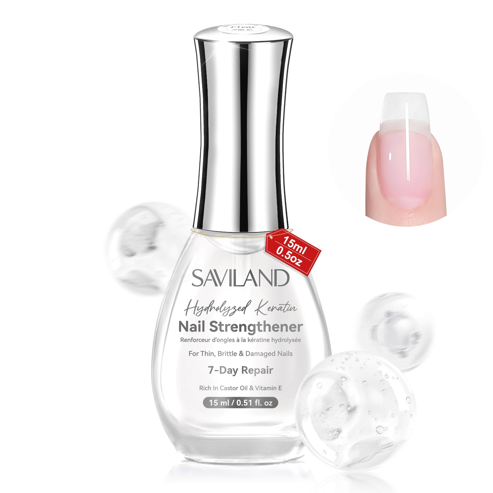 SAVILAND Advanced Nail Strengthener: Clear Air Dry Nail Growth for Damaged Nails Fingernail Polish Strengthening Repair Weak & Thin Nails Treatment with Castor Oil & Vitamin E 15ml Women Gift