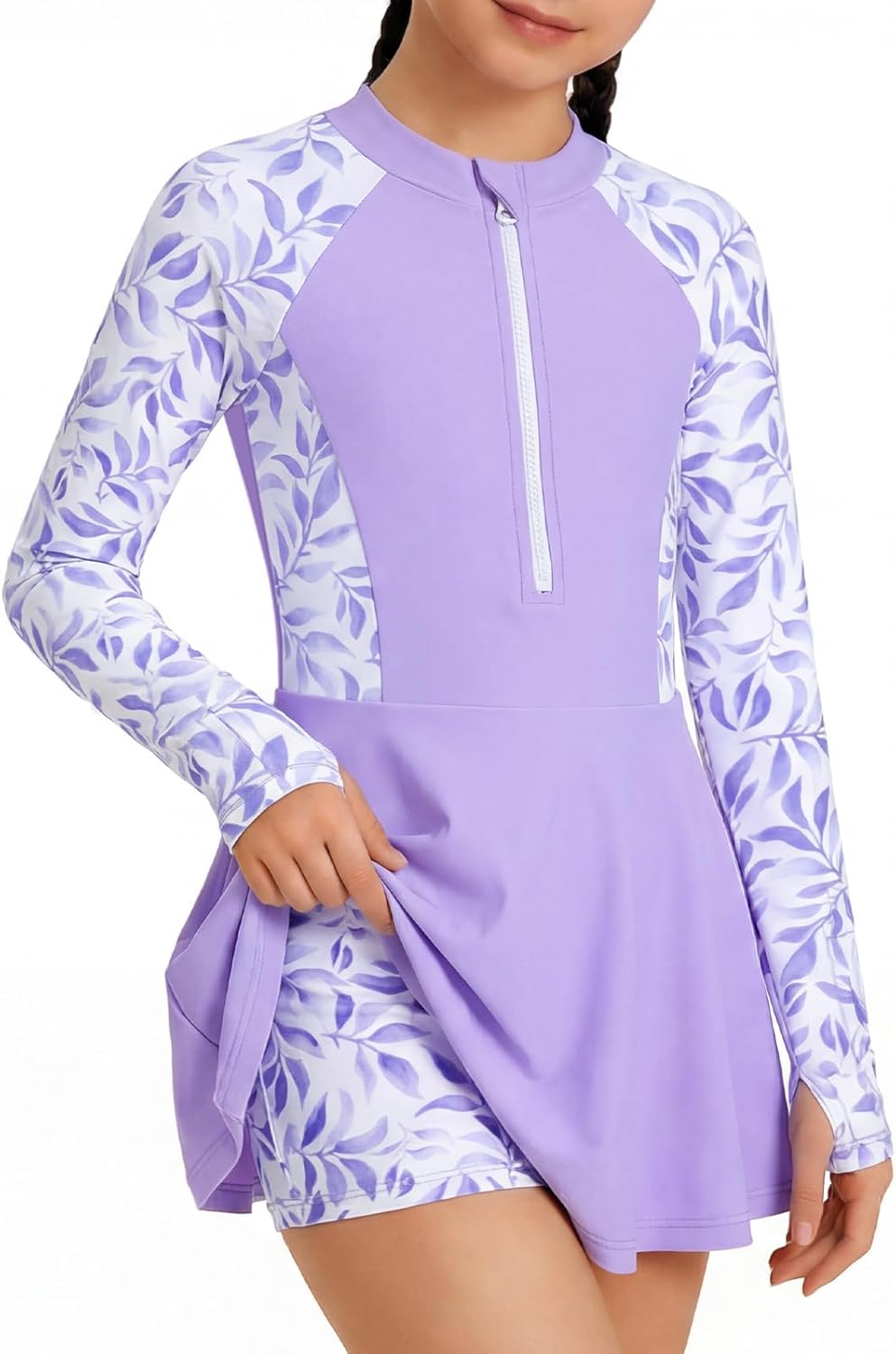 HOZIY Girls Long Sleeve Swimsuit Two Piece Rash Guard Dress with Swim Shorts Front Zip for Kids Tween Teens UPF 50+