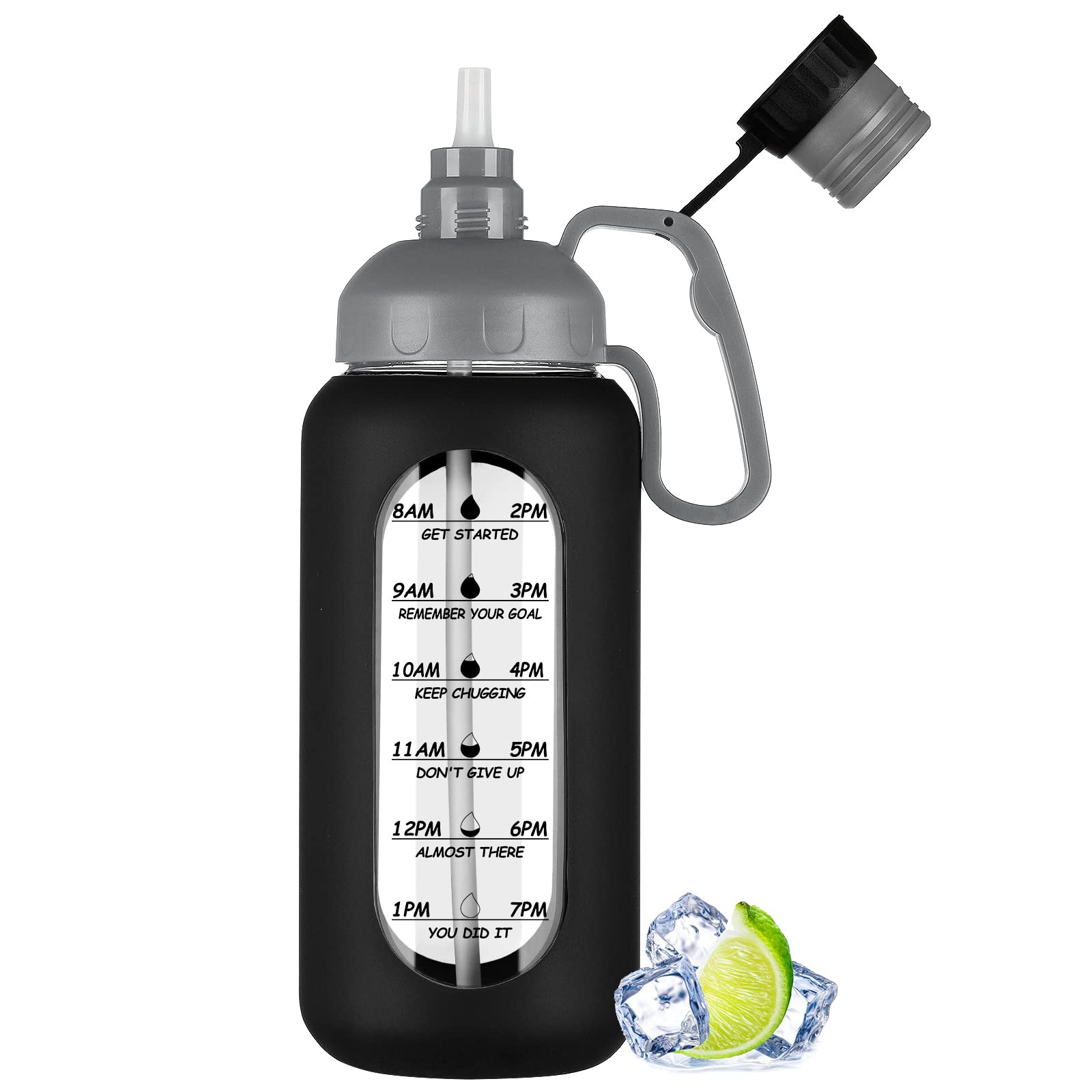 MUKOKO 64oz Glass Water Bottles with Straw, half gallon water bottle with time marker, Motivational Water Bottle with Silicone Sleeves,large glass water bottle for Gym,Working,Outdoor,Black