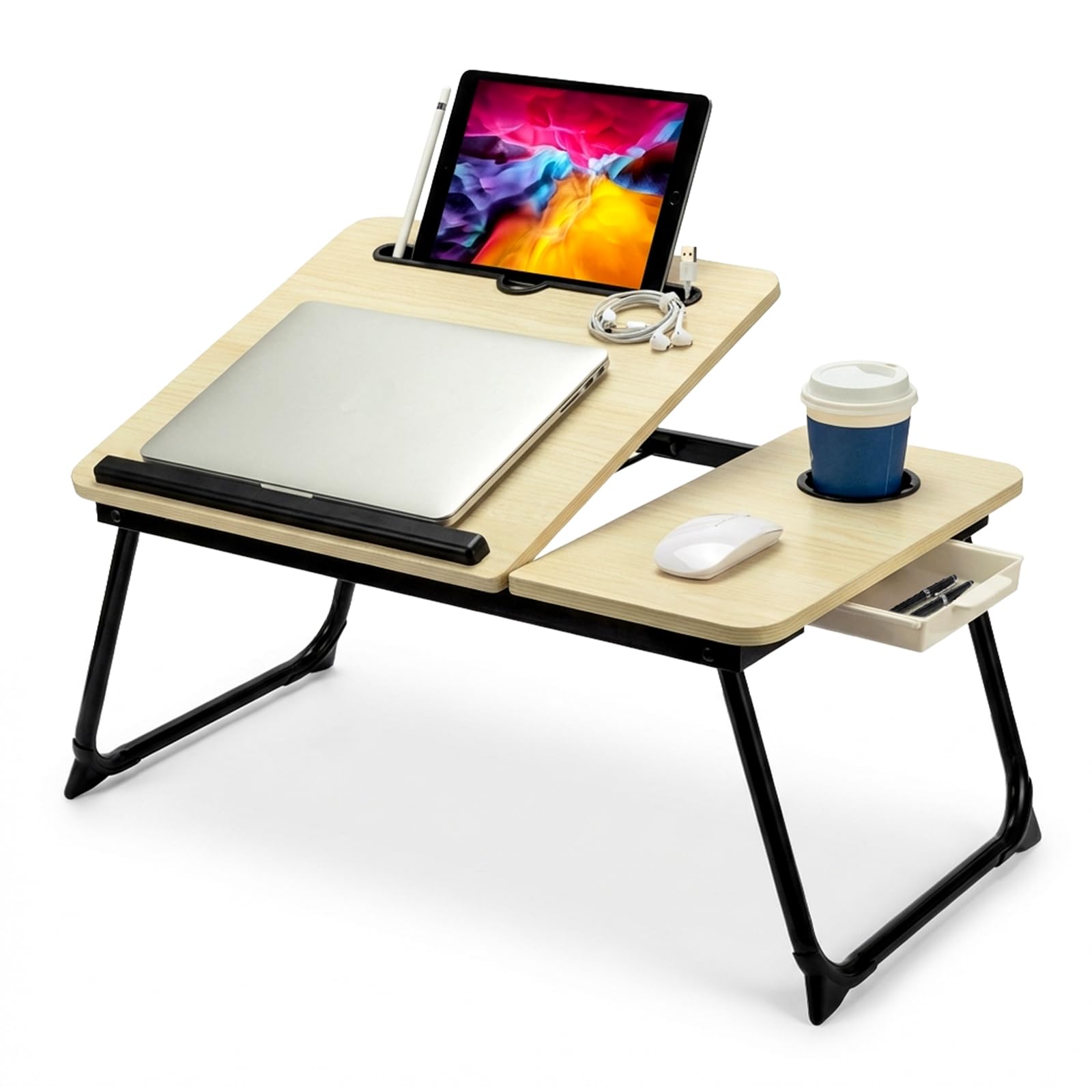 LN Cozy CORNE Foldable Laptop Desk, Height Adjustable Laptop Table with Cup Holder & Reading Holder, Portable Bed Tray Table for Sofa Bed Floor Suitable for Reading Working (Natural Wood, Upgraded)