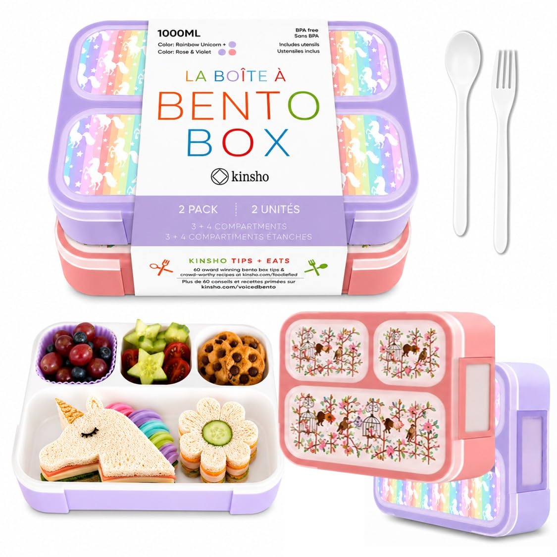 kinsho Bento Box Lunch Boxes for Kids Girls, Meal and Snack Containers for Toddler Daycare, School Travel, Loncheras Para Ninas, Utensils Included (Purple Rainbow Unicorn + Pink Flowers, 2 Pack Set)
