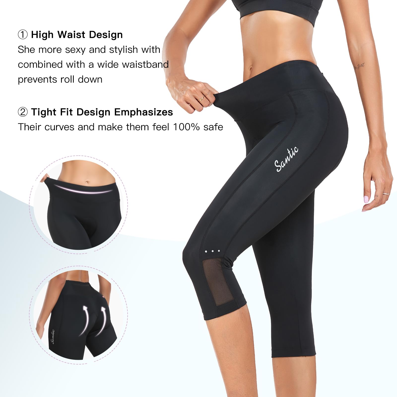 Santic Radlerhose für Damen, hohe Taille, 4D-gepolstert, Capri-Shorts, 3/4-Rad-Leggings, Strumpfhose mit Taschen