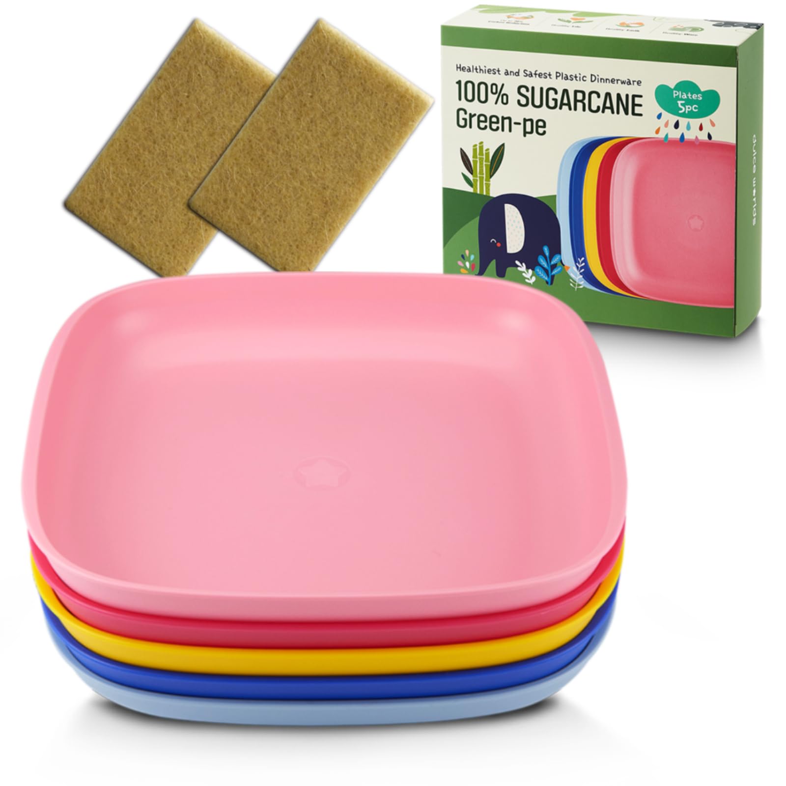 SUGARCANE Kids Plates 5Pack (7.9”) + Coconut Pad 2Pc- Organic Dishes for Toddler to Big Kids - USDA Certified – Microwaves & Dishwasher Safe – BPA Free, Unbreakable, Reusable - Multi