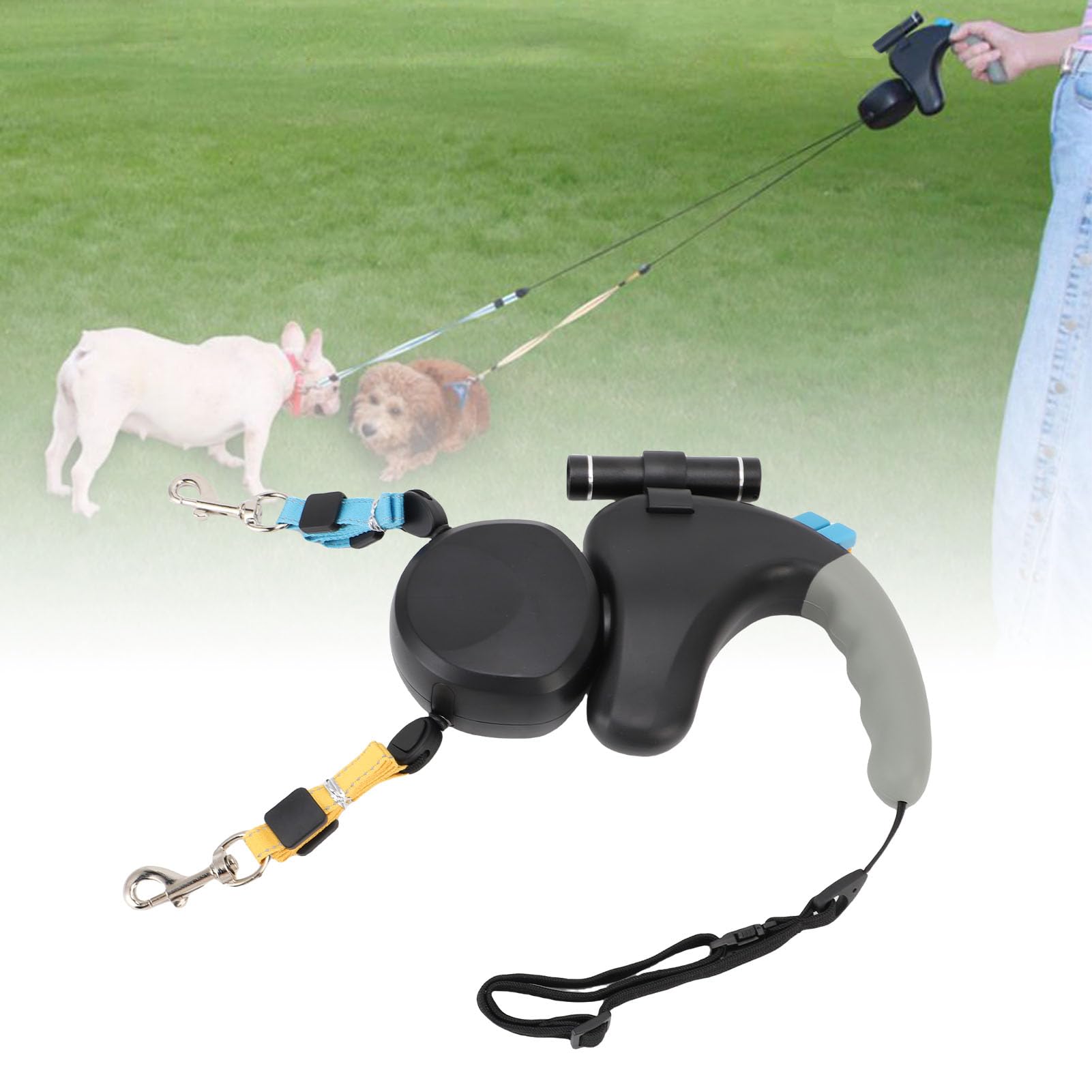 Cryfokt Laisse pour Chien à Double Tête, Rotation à 360 °, Contrôle Durable et Pratique pour Deux Chiens, Convient pour Une Pile AA < 50 LB X1 (Black)