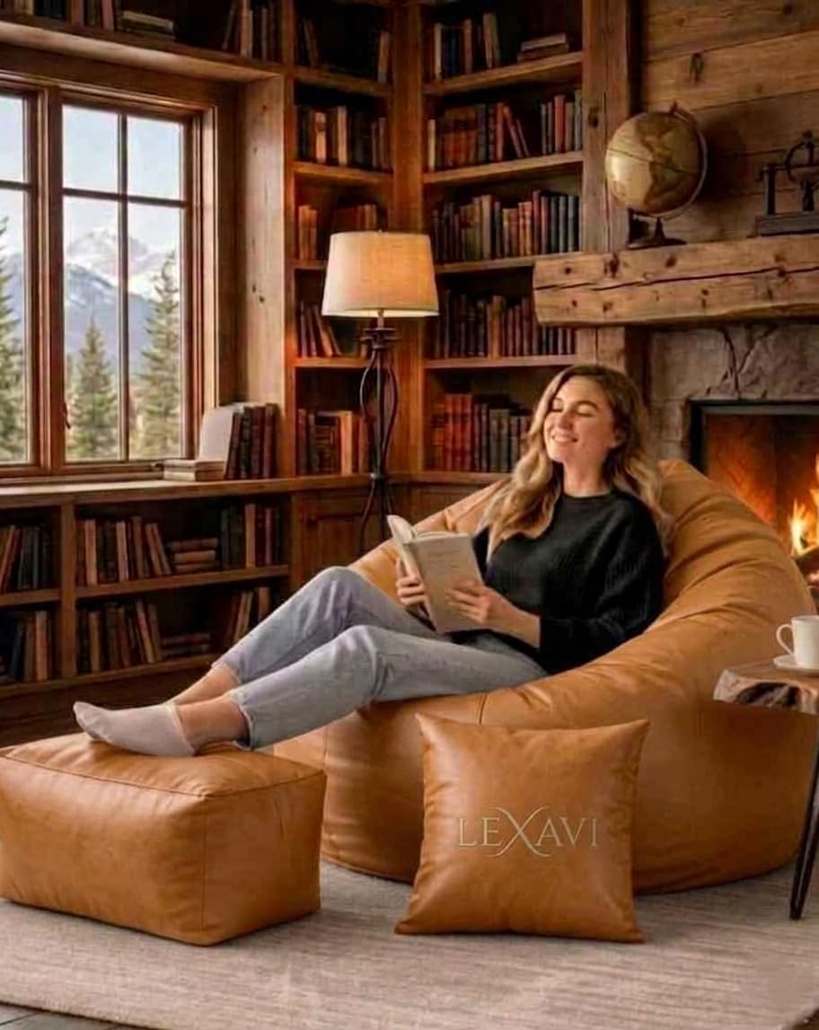 LEXAVI Brand®- 5XL Combo Set Bean Bag Footrest & Cushion Cover Without Beans | Canadian Faux Leather Large Bean Bag Chair for Adults & Kids Stylish | Gaming Seat for Living Room & Bedroom - (TAN)-picture-16