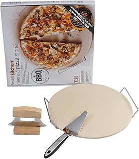 Delux Pizza Stone Set with Pizza Cutter Pizza Server, 13inch Ceramic Baking Stone for Oven and Grill with Metal Handle Rack,Quick Baked n Serving Pizza in Home n Outdoor