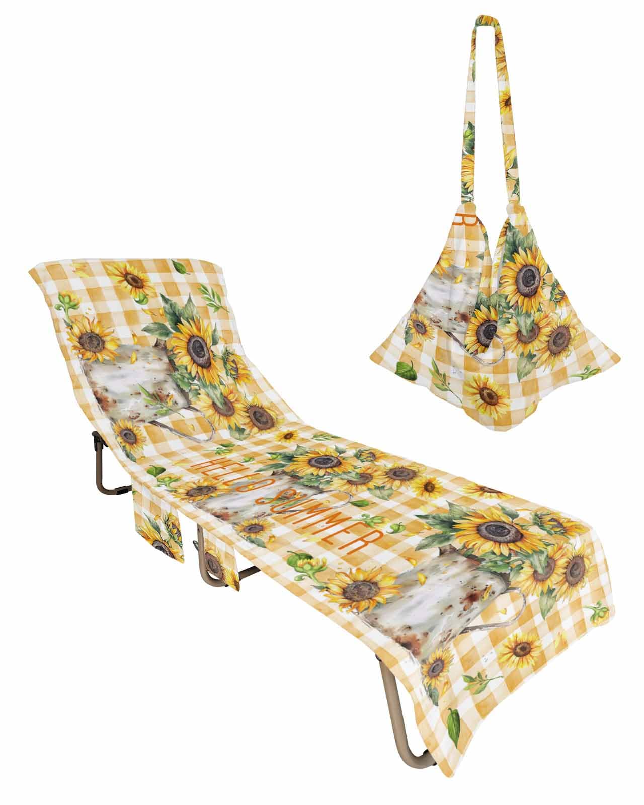 Sunflower Orange Beach Chair Cover with Side Pockets, Microfiber & Quick Dry Pool Chaise Lounge Chair Towels Covers for Sun Sunbathing Patio Garden Hotel, Spring Floral Farmhouse Plaid Checkered