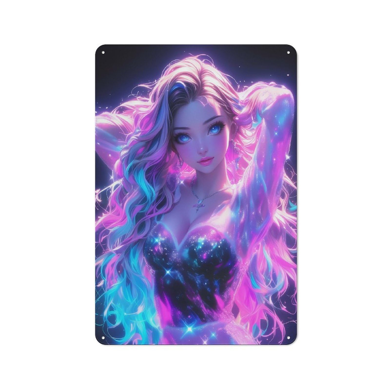 Industrial Tin Wall Sign 30x20cm Featuring Neon Fantasy Girl, Urban Room Decor for Workspace, Cafe, Hallway Or Garage