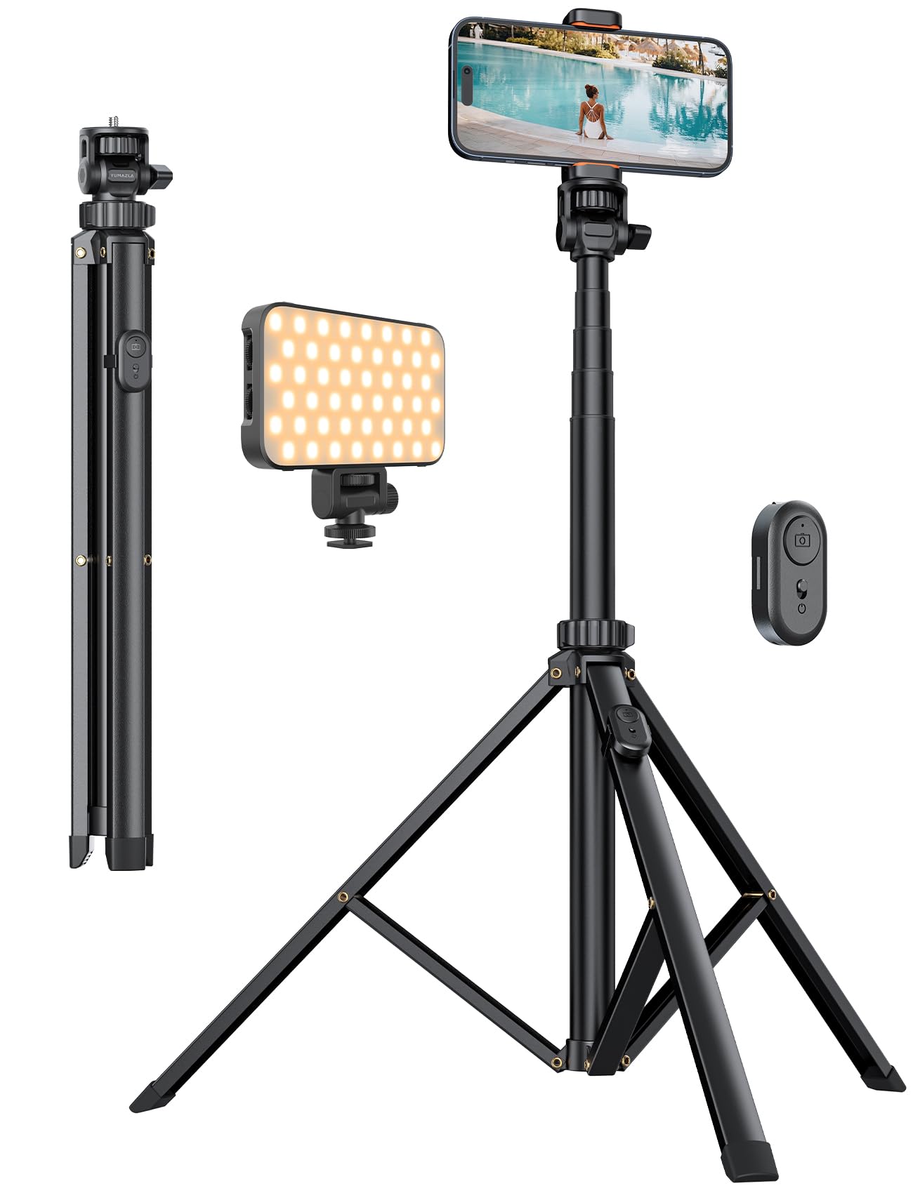 Treppiede per cellulare con luce selfie, stabile asta in alluminio espandibile per smartphone, luce illuminante regolabile con supporto integrato per videoconferenza, trucco, vlog