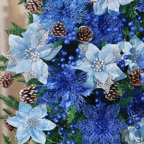 Hommtina 56 Pcs Christmas Decorations 4 Styles Poinsettias Artificial Christmas Flowers Glitter Berries Stems Ornaments Tree with Pine Cones & Stems for Xmas Wedding DIY Wreath Floral Party (Blue)