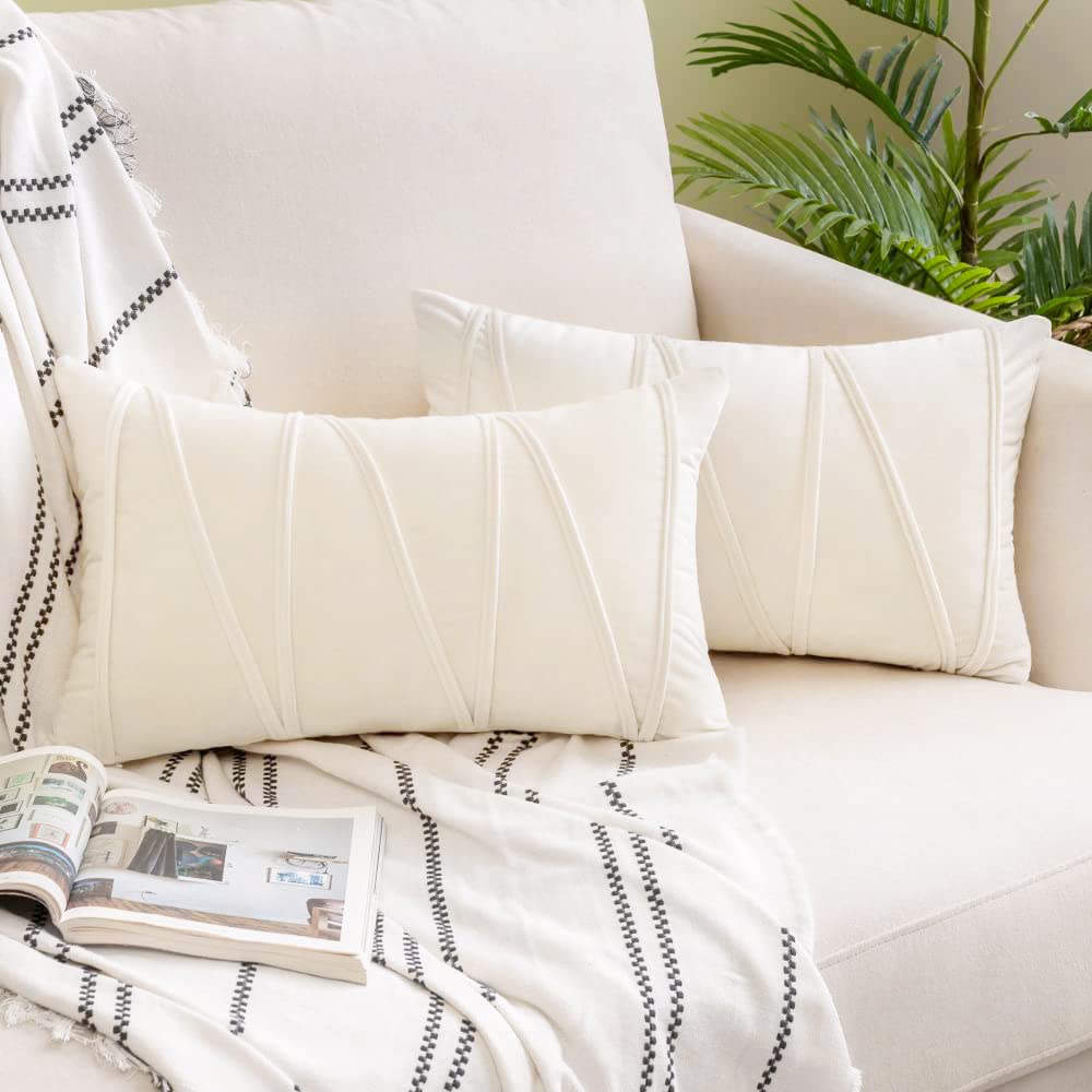 Woaboy Pack of 2 Striped Velvet Throw Pillow Covers Modern Decorative Couch Throws Square Soft Cozy Pillowcases for Bed Sofa Cushion Living Room 12x20 Inch Cream