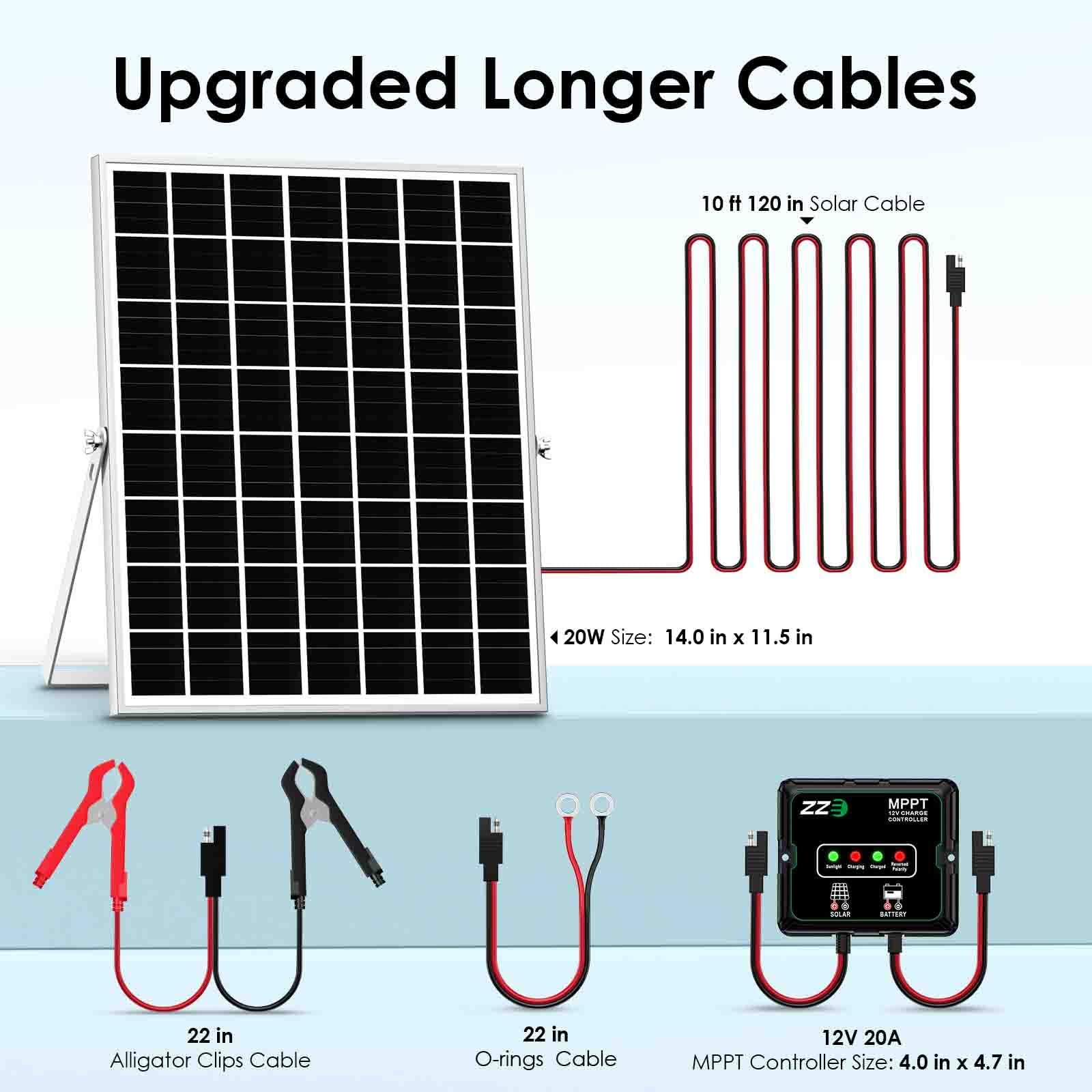 Cargador de batería con energía solar, 20 W, 12 V, kit de panel solar, controlador de carga MPPT con 8 funciones de protección, IP68, resistente al agua para caravana, remolque, automóvil, motocicleta