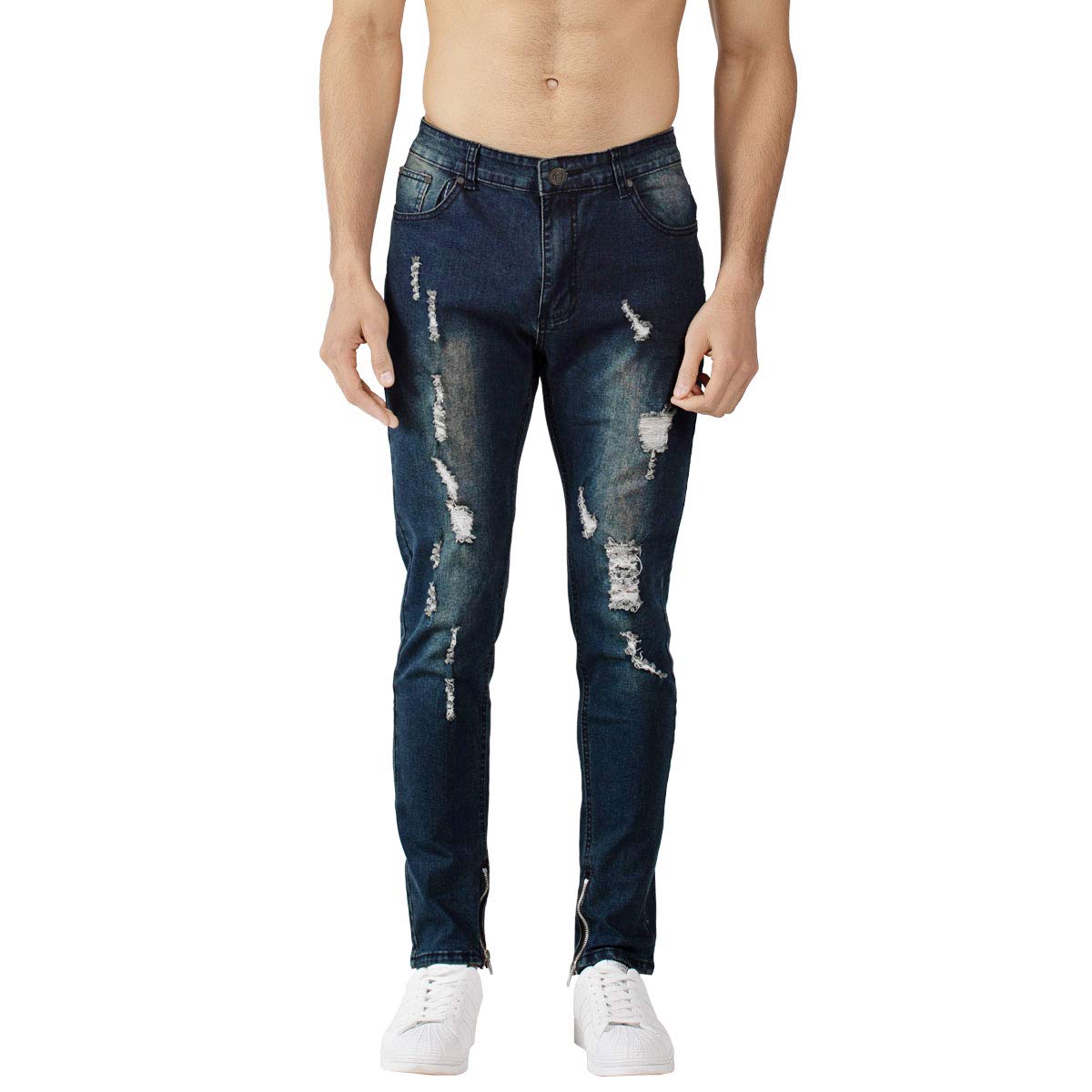 Extreme Pop Men's Denim Ripped Jeans Slim Stretch Distressed Indigo Broken Jean Stone Washed (32, )