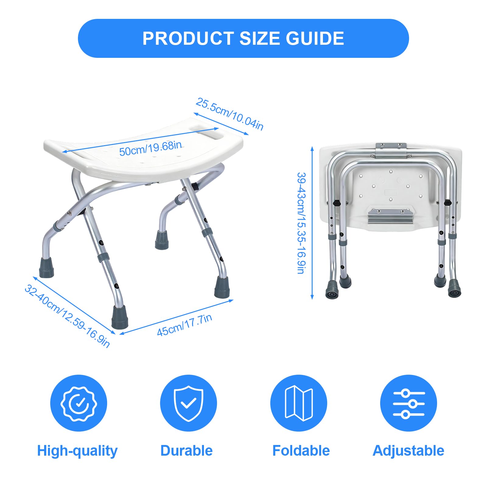 Silla de ducha plegable de altura ajustable, taburete de ducha de viaje de aleación de aluminio con agujeros de drenaje, silla de ducha elegible, 400 libras, asiento de baño antideslizante de